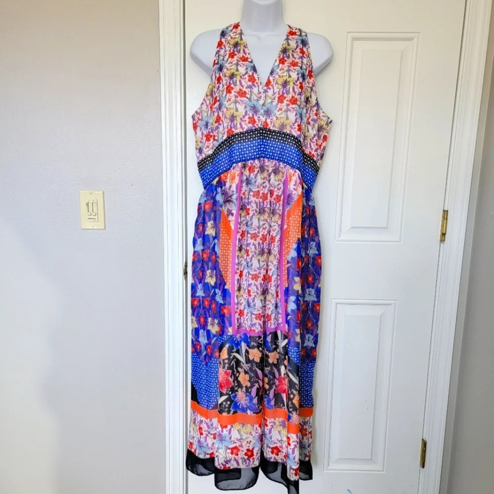 Maggy London Sleeveless Floral Halter Midi Dress Back Bow Lined Size 10